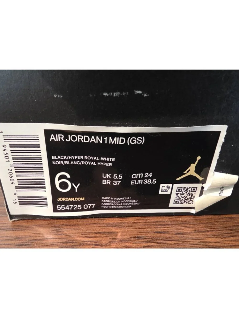 Nike Air Jordan 1 Mid GS Hyper Royal Black White 554725-077 Youth Size 6Y W Box